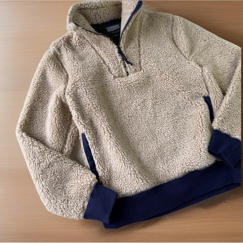J. Crew Nordic Sherpa Fleece Pullover Women S Half Zip Beige Navy Cozy $148‎